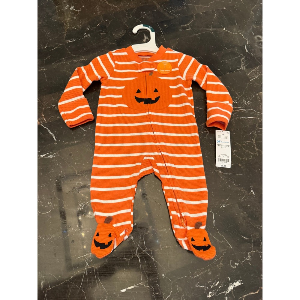 3M Carters Just One You Baby Halloween Pumpkin Striped Waffle Knit Sleeper NWT